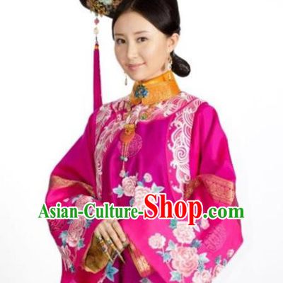 Traditional Ancient Chinese Imperial Consort Costume and Headpiece Complete Set, Chinese Qing Dynasty Manchu Lady Embroidered Clothing for Women