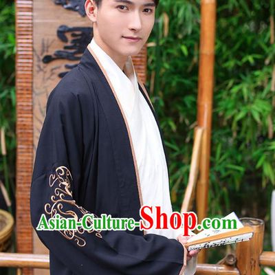 Traditional Chinese Hanfu Costumes Ancient Han Dynasty Young Men Embroidery Black Shirts