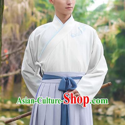Traditional Chinese Hanfu Costumes Ancient Han Dynasty Young Men Embroidery Slant Opening Shirts and Grey Skirts Complete Set