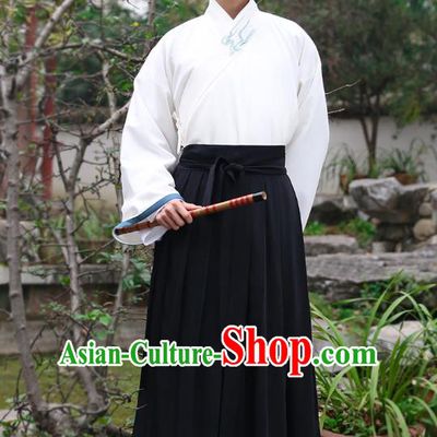 Traditional Chinese Hanfu Costumes Ancient Han Dynasty Young Men Embroidery Slant Opening Shirts and Black Skirts Complete Set