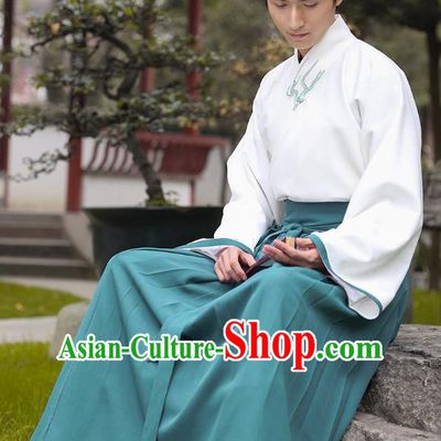 Traditional Chinese Hanfu Costumes Ancient Han Dynasty Young Men Embroidery Slant Opening Shirts and Green Skirts Complete Set