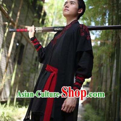 Traditional Chinese Hanfu Costumes Ancient Han Dynasty Swordsman Embroidery Black Clothing Complete Set