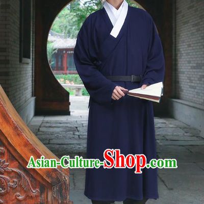 Traditional Chinese Ancient Costumes Asian China Ming Dynasty Swordsmen Embroidery Clothing Navy Long Robe for Men