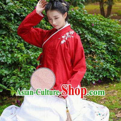 Traditional Chinese Ancient Costumes, Asian China Ming Dynasty Palace Lady Clothing Embroidery Red Blouse and Skirt Complete Set