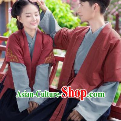 Traditional Chinese Ancient Hanfu Costumes, Asian China Song Dynasty Clothing Embroidery Red Half-arm Shawl Blouse and Skirt Complete Set for Women for Men