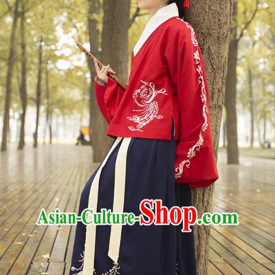 Traditional Chinese Ancient Costumes, Asian China Ming Dynasty Palace Lady Princess Clothing Embroidery Blouse and Skirt Complete Set