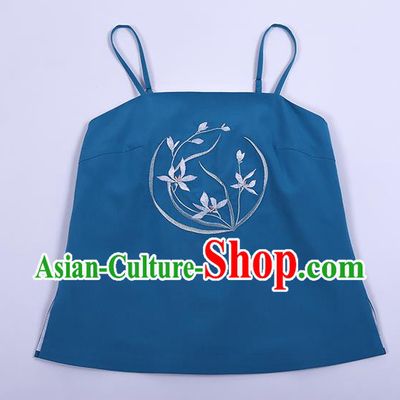 Traditional Chinese Ancient Hanfu Costumes, Asian China Song Dynasty Embroidery Suspenders Vest Blue Bellyband for Women