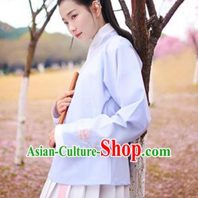 Traditional Chinese Ancient Hanfu Costumes, Asian China Ming Dynasty Young Lady Embroidery Light Blue Blouse for Women