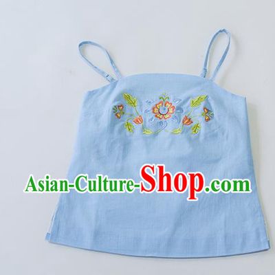 Traditional Chinese Ancient Hanfu Costumes, Asian China Song Dynasty Embroidery Sun-top Vest Blue Bellyband for Women