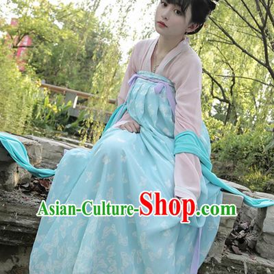 Ancient Chinese Palace Princess Costume, Traditional China Tang Dynasty Young Lady Clothing Pink Blouse and Blue Skirt Complete Set
