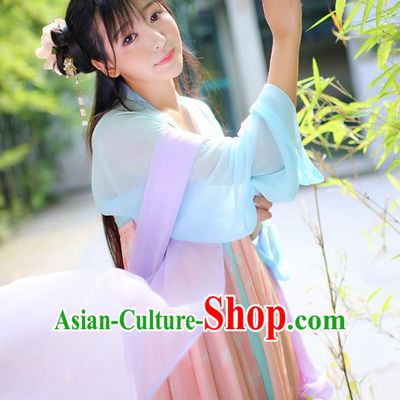 Ancient Chinese Palace Princess Costume, Traditional China Tang Dynasty Young Lady Clothing Blue Blouse and Pink Skirt Complete Set