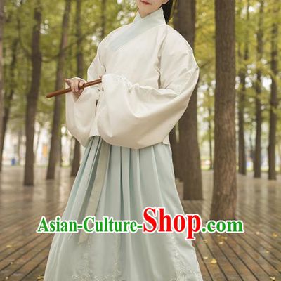 Traditional Chinese Ancient Costumes, Asian China Ming Dynasty Palace Lady Princess Clothing Embroidery White Blouse and Green Skirt Complete Set