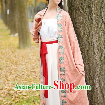 Ancient Chinese Palace Princess Hanfu Costume, Traditional China Song Dynasty Young Lady Embroidery Pink BeiZi Boob Tube Top and Skirt Complete Set