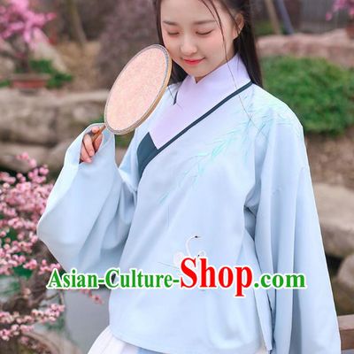 Ancient Chinese Palace Princess Hanfu Costume, Traditional China Ming Dynasty Young Lady Blue Embroidery Blouse and Skirt Complete Set