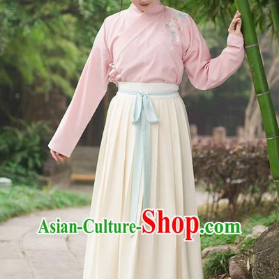 Ancient Chinese Palace Princess Hanfu Costume, Traditional China Ming Dynasty Young Lady Pink Embroidery Blouse and Yellow Skirt Complete Set