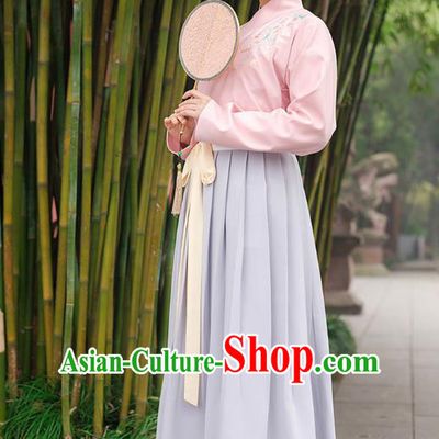 Ancient Chinese Palace Princess Hanfu Costume, Traditional China Ming Dynasty Young Lady Pink Embroidery Blouse and Blue Skirt Complete Set
