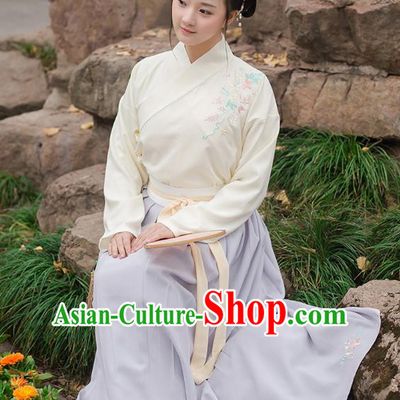 Ancient Chinese Palace Princess Hanfu Costume, Traditional China Ming Dynasty Young Lady Yellow Embroidery Blouse and Blue Skirt Complete Set