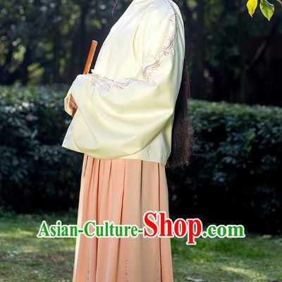 Traditional Chinese Ancient Costumes, Asian China Ming Dynasty Palace Lady Princess Clothing Embroidery Yellow Blouse and Pink Skirt Complete Set