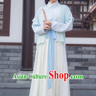 Ancient Chinese Palace Princess Hanfu Costume, Traditional China Ming Dynasty Young Lady Embroidery Blue Half-arm Shawl Clothing