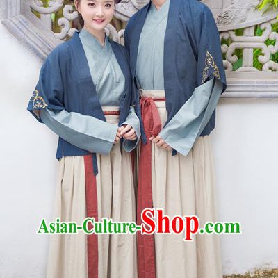 Traditional Chinese Ancient Hanfu Costumes, Asian China Song Dynasty Clothing Embroidery Blue Half-arm Shawl Blouse and Skirt Complete Set for Women for Men