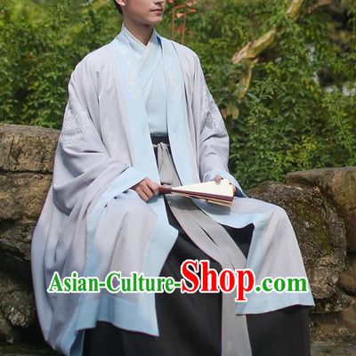 Ancient Chinese Scholar Hanfu Costume, Traditional China Jin Dynasty Embroidery Clothing Grey Long Cloak for Men