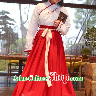 Ancient Chinese Royal Princess Hanfu Costume, Traditional China Han Dynasty Palace Lady Embroidery Blouse and Red Dress for Women