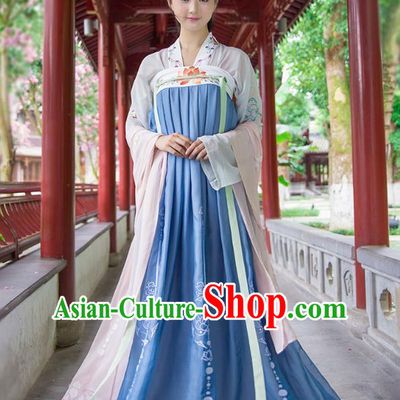 Ancient Chinese Imperial Concubine Hanfu Costume, Traditional China Tang Dynasty Palace Lady Embroidery White Blouse and Blue Slip Skirt for Women