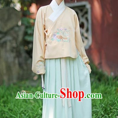 Traditional Chinese Ancient Young Lady Hanfu Costumes, Asian China Ming Dynasty Palace Princess Embroidery Yellow Blouse and Green Skirt for Women