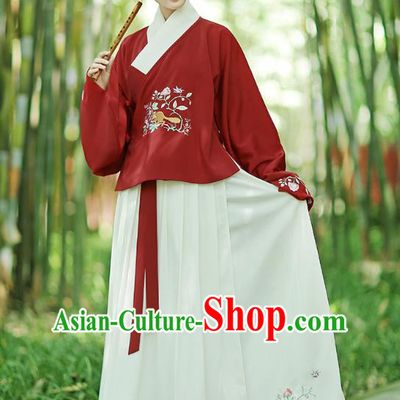 Traditional Chinese Ancient Young Lady Hanfu Costumes, Asian China Ming Dynasty Palace Princess Embroidery Red Blouse and Skirt for Women