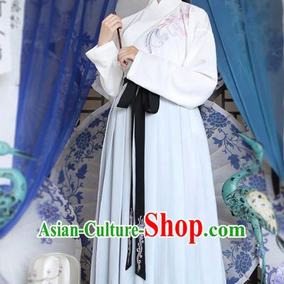 Traditional Chinese Ancient Young Lady Hanfu Costumes, Asian China Han Dynasty Palace Princess Embroidery Blouse and Blue Slip Skirts for Women