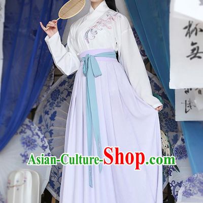 Traditional Chinese Ancient Young Lady Hanfu Costumes, Asian China Han Dynasty Palace Princess Embroidery Blouse and Purple Slip Skirts for Women