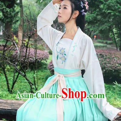 Traditional Chinese Ancient Young Lady Hanfu Costumes, Asian China Song Dynasty Palace Princess Embroidery White Blouse and Skirt for Women