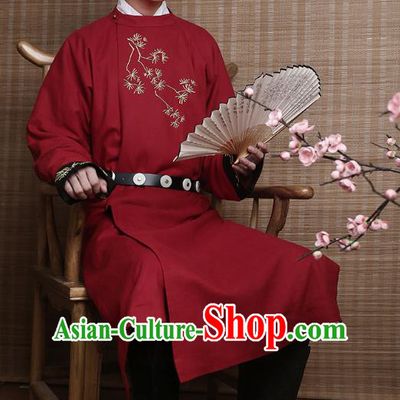 Traditional Chinese Ancient Hanfu Costumes, Asian China Ming Dynasty Imperial Guards Embroidery Red Long Robe for Men
