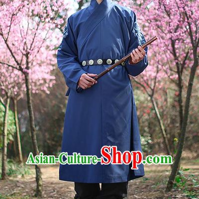 Traditional Chinese Ancient Hanfu Swordsman Costumes, Asian China Ming Dynasty Imperial Guards Embroidery Blue Long Robe for Men