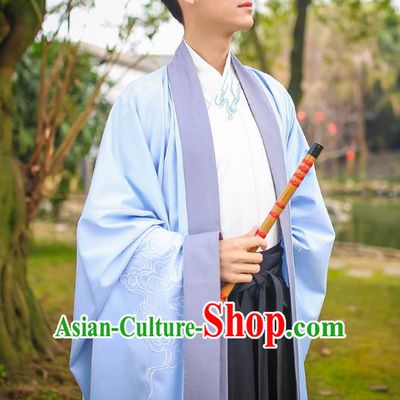 Traditional Chinese Ancient Hanfu Swordsman Costumes, Asian China Jin Dynasty Embroidery Blue Cloak for Men