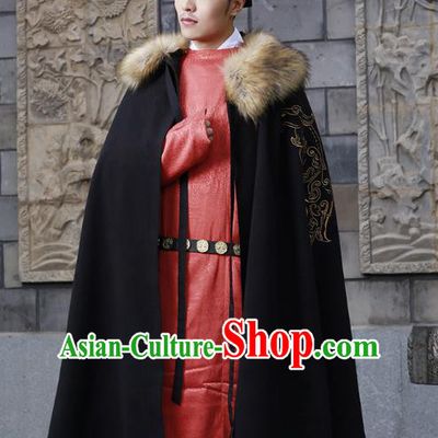 Traditional Chinese Ancient Hanfu Swordsman Cape Costume, Asian China Han Dynasty Embroidery Cloak Black Mantle Clothing for Men