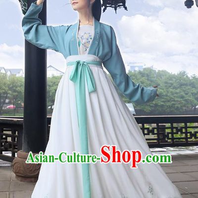 Traditional Chinese Ancient Young Lady Hanfu Costumes, Asian China Song Dynasty Palace Princess Embroidery Blue Blouse and Skirt for Women