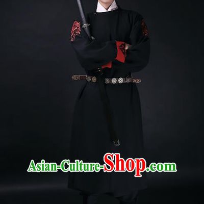 Traditional Chinese Ancient Hanfu Imperial Guards Costume, Asian China Ming Dynasty Swordsman Black Long Robe for Men