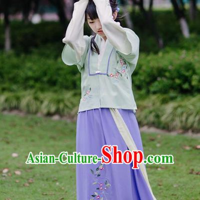 Traditional Chinese Ancient Hanfu Princess Costume, Asian China Song Dynasty Young Lady Embroidery Green Half-Sleeves and Slip Dress for Women