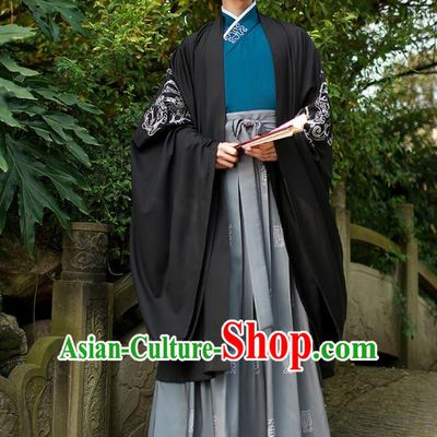 Traditional Chinese Ancient Hanfu Swordsman Cape Costume, Asian China Han Dynasty Embroidery Black Cloak Clothing for Men