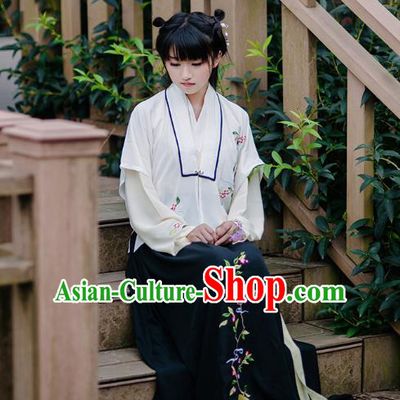 Traditional Chinese Ancient Hanfu Princess Costume, Asian China Song Dynasty Young Lady Embroidery White Half-Sleeves and Slip Dress for Women