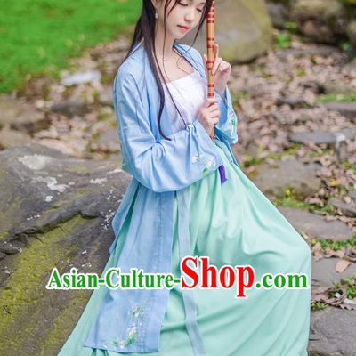 Traditional Chinese Ancient Hanfu Princess Costume, Asian China Song Dynasty Young Lady Embroidery Long BeiZi Blue Cardigan for Women