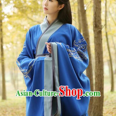 Traditional Chinese Ancient Young Lady Hanfu Costumes Blue Curve Bottom, Asian China Han Dynasty Palace Princess Embroidery Clothing for Women