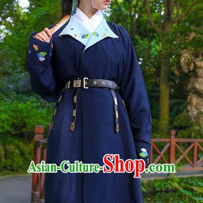 Traditional Chinese Ancient Hanfu Swordswoman Costume, Asian China Ming Dynasty Young Lady Embroidered Navy Long Robe for Women