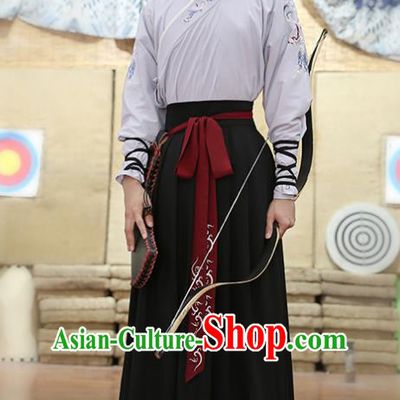 Traditional Chinese Ancient Hanfu Swordsman Costume, Asian China Ming Dynasty Imperial Bodyguard Embroidered Grey Blouse and Skirt for Men
