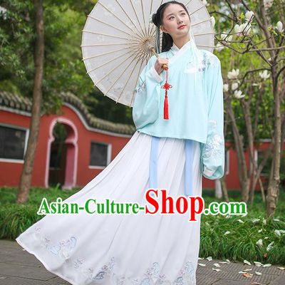 Traditional Chinese Ancient Princess Hanfu Costumes, Asian China Ming Dynasty Palace Lady Embroidery Green Blouse and Skirts for Women