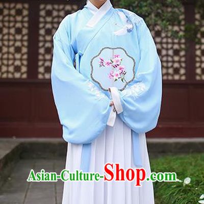 Traditional Chinese Ancient Princess Hanfu Costumes, Asian China Ming Dynasty Palace Lady Embroidery Blue Blouse and Skirts for Women
