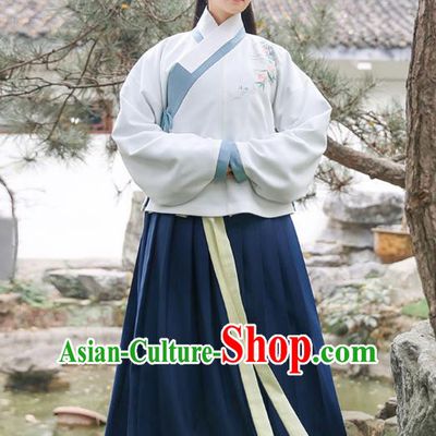 Traditional Chinese Ancient Princess Hanfu Costumes, Asian China Ming Dynasty Palace Lady Embroidery Blouse and Navy Slip Skirts for Women