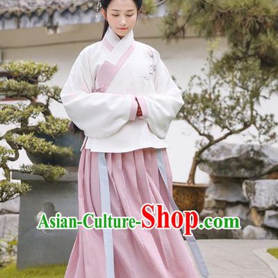 Traditional Chinese Ancient Princess Hanfu Costumes, Asian China Ming Dynasty Palace Lady Embroidery Blouse and Pink Slip Skirts for Women