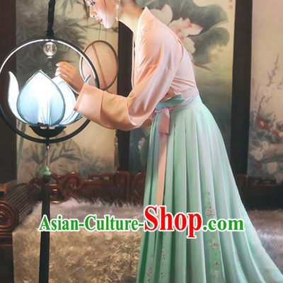 Traditional Chinese Ancient Princess Hanfu Costumes, Asian China Song Dynasty Palace Lady Embroidery Pink Blouse and Green Skirts for Women